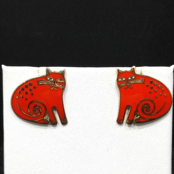 Similar Items to Fabulous Laurel Burch Enamel CAT Design  Laurel Burch Keshire Cat Earrings Red Enamel Gold Cloisonné 1980s Vintage